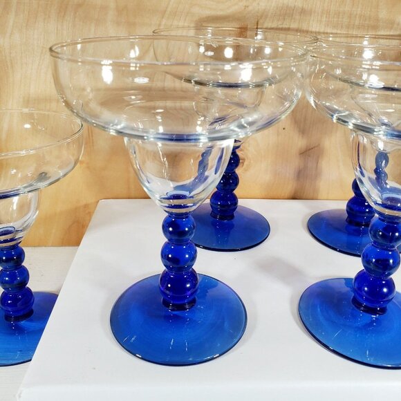 Set of 6 Libbey Glass Metropolis Blue Margarita Glasses beaded cobalt stem - Picture 5 of 11